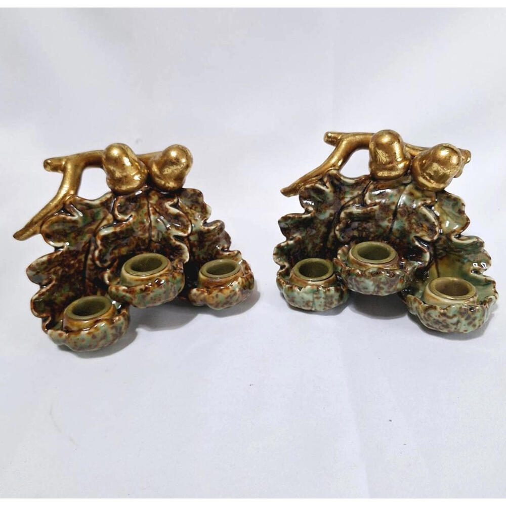 Vintage Enesco Ceramic Candle Holder Golden Acron On Branch and Leaf - Lot of‎ 2